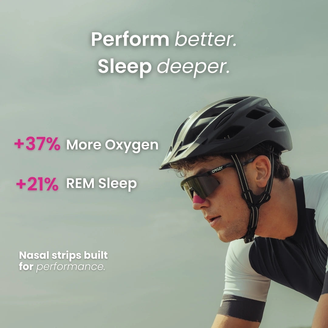 Person wearing a helmet and sunglasses with text about how nasal strips increase oxygen intake and REM sleep on a light gray background