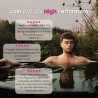 Man with a nasal strip on his nose in a ice bath, with customer testimonials displayed